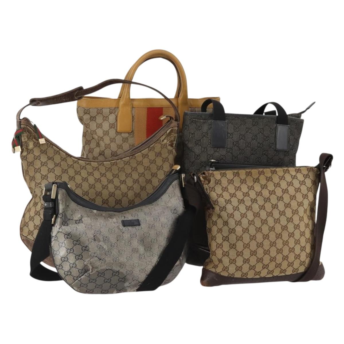 GUCCI GG Canvas GG Crystal Shoulder Bag 5 Set Beige Black Auth 188120