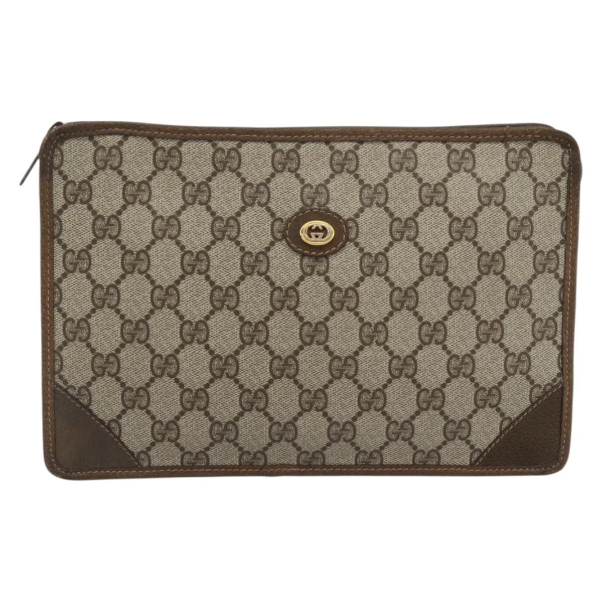 GUCCI GG Supreme Clutch Bag PVC Beige Gold Auth 188209