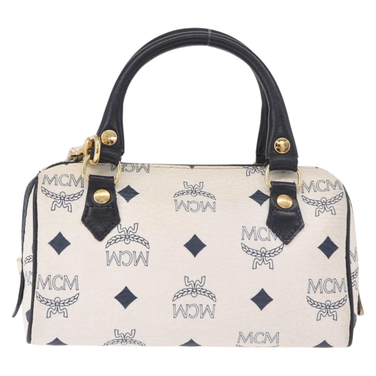 MCM Vicetos Logogram Hand Bag PVC Leather 2way White Gold Auth 188210