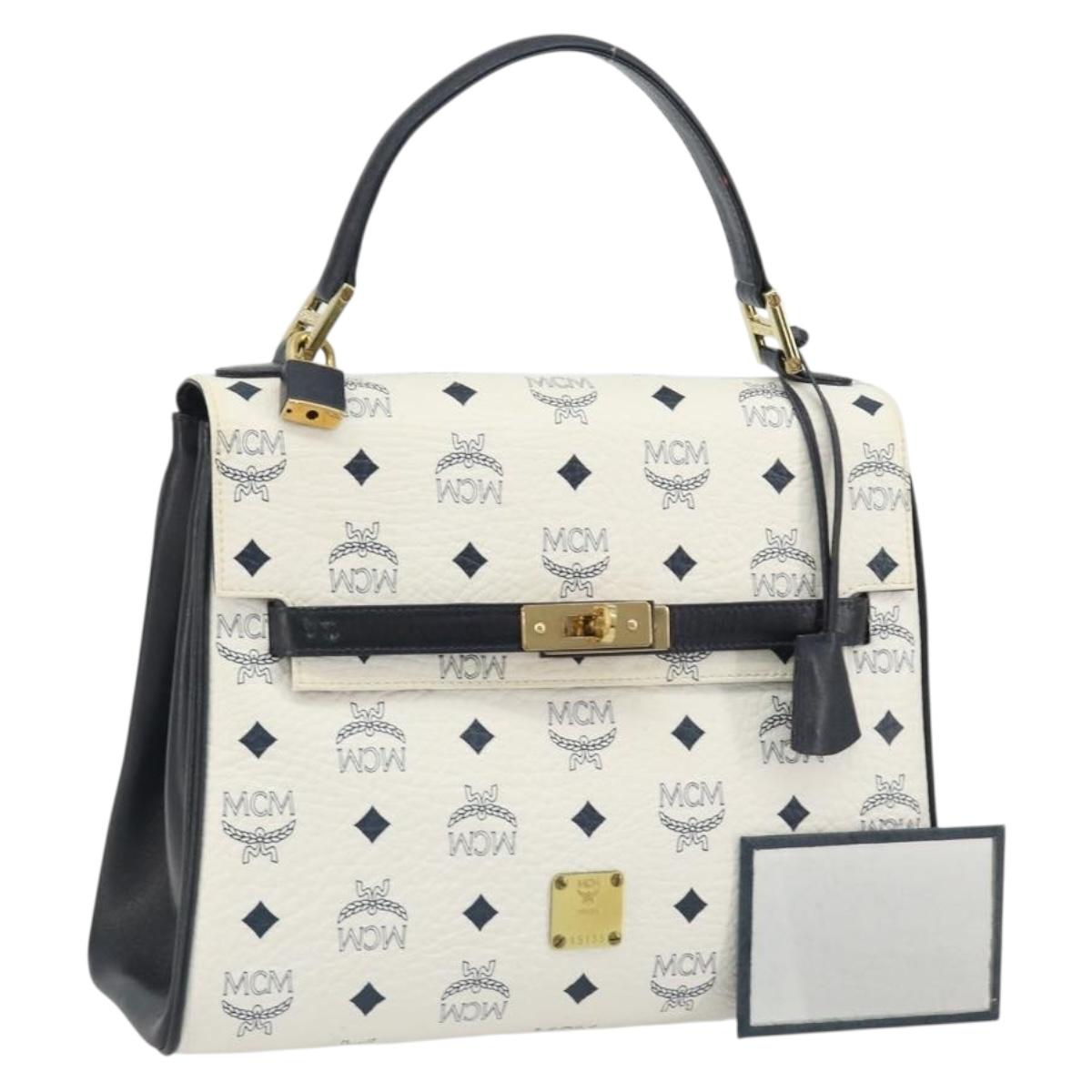 MCM Vicetos Logogram Hand Bag PVC Leather White Gold Auth 188231