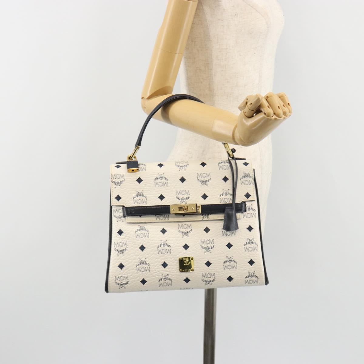 MCM Vicetos Logogram Hand Bag PVC Leather White Gold Auth 188231