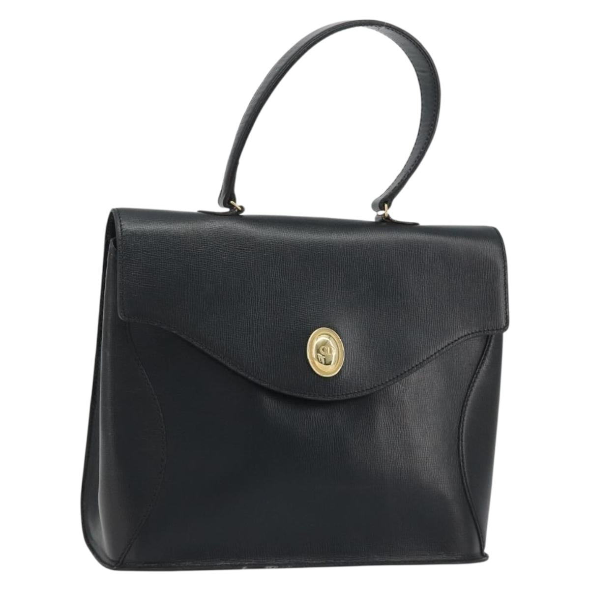Christian Dior Hand Bag Leather Navy Gold Auth 188236A