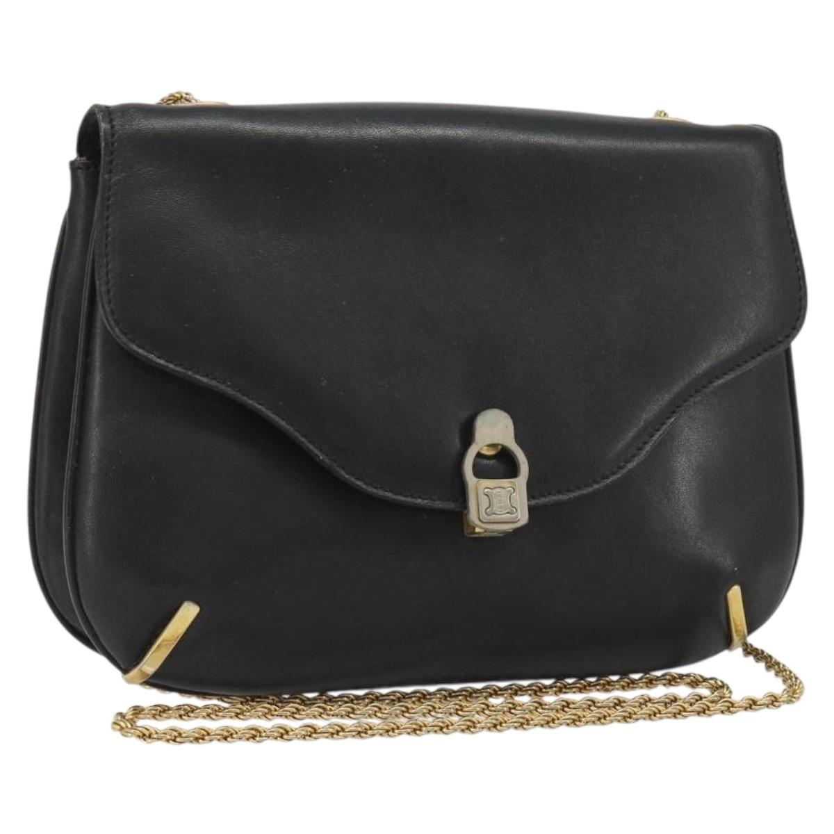 CELINE Chain Shoulder Bag Leather Black Gold Auth 188237
