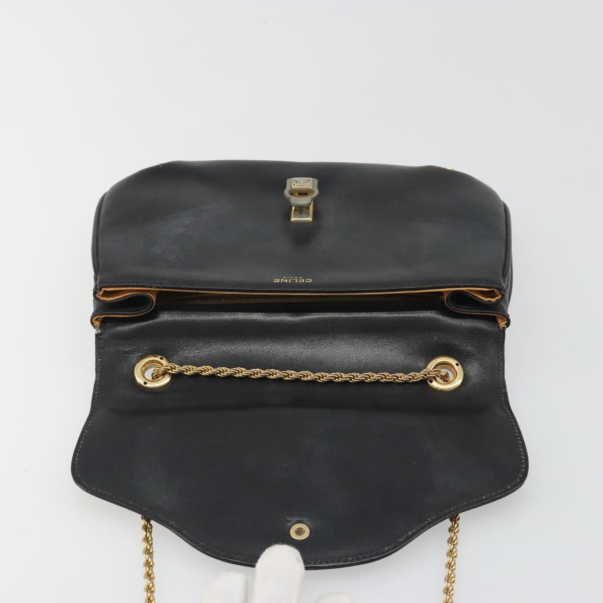 CELINE Chain Shoulder Bag Leather Black Gold Auth 188237