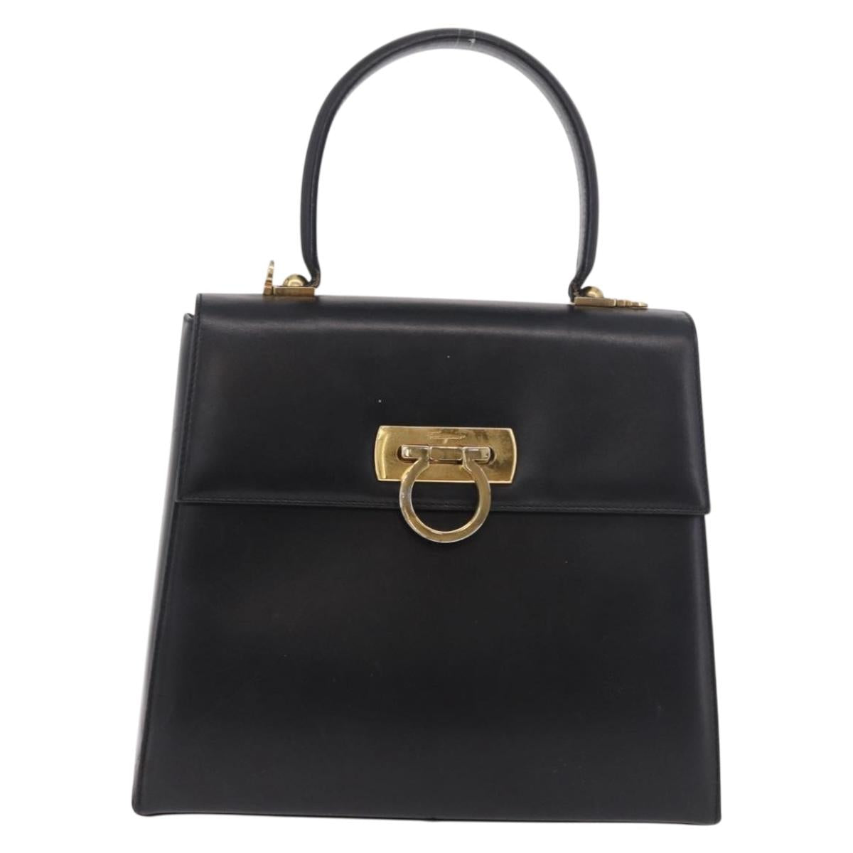 Salvatore Ferragamo Gancini Hand Bag Leather Black Gold Auth 188245