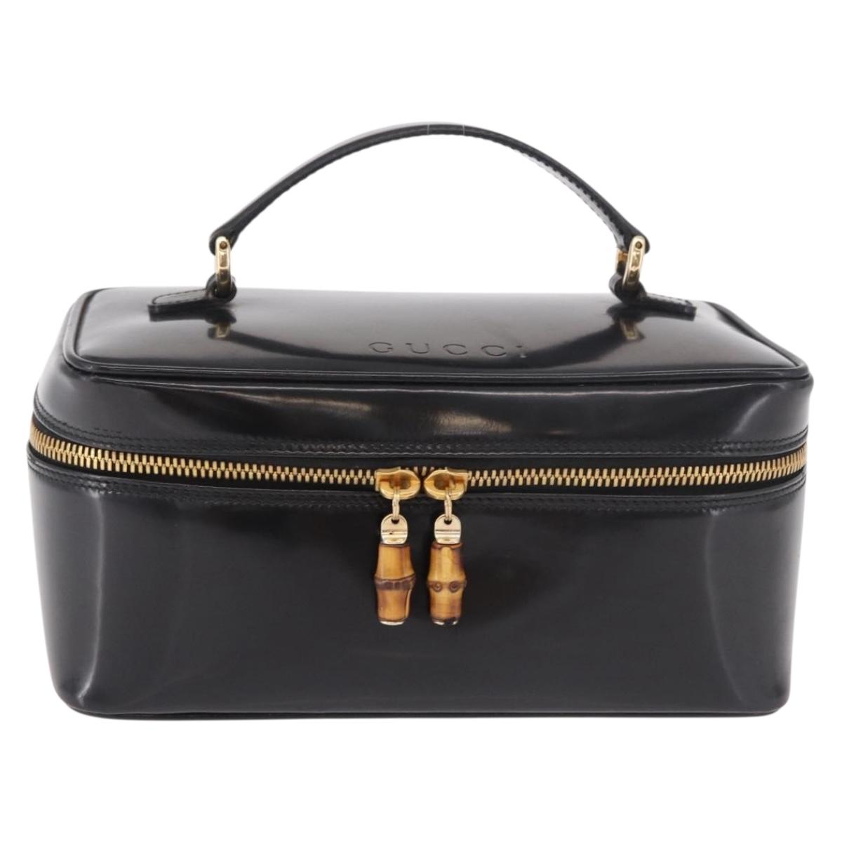 GUCCI Vanity Hand Bag Patent Leather Black Gold 032 1956 0150 Auth 188246