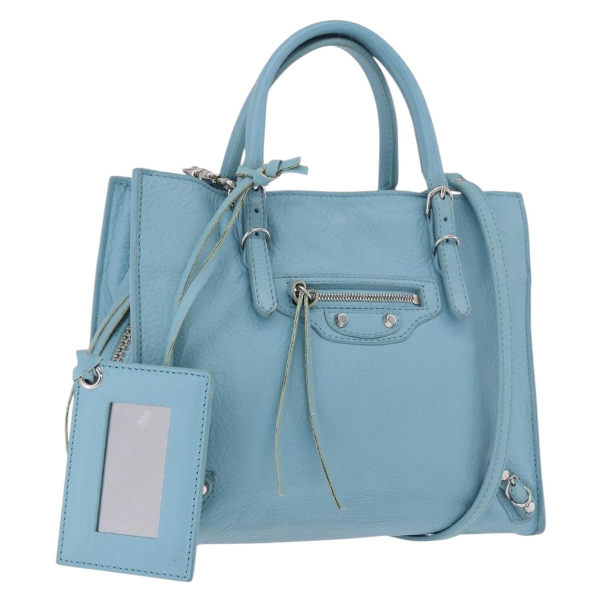 BALENCIAGA Paper Mini Bag Leather 2way Light Blue Silver 357333 Auth 188250A