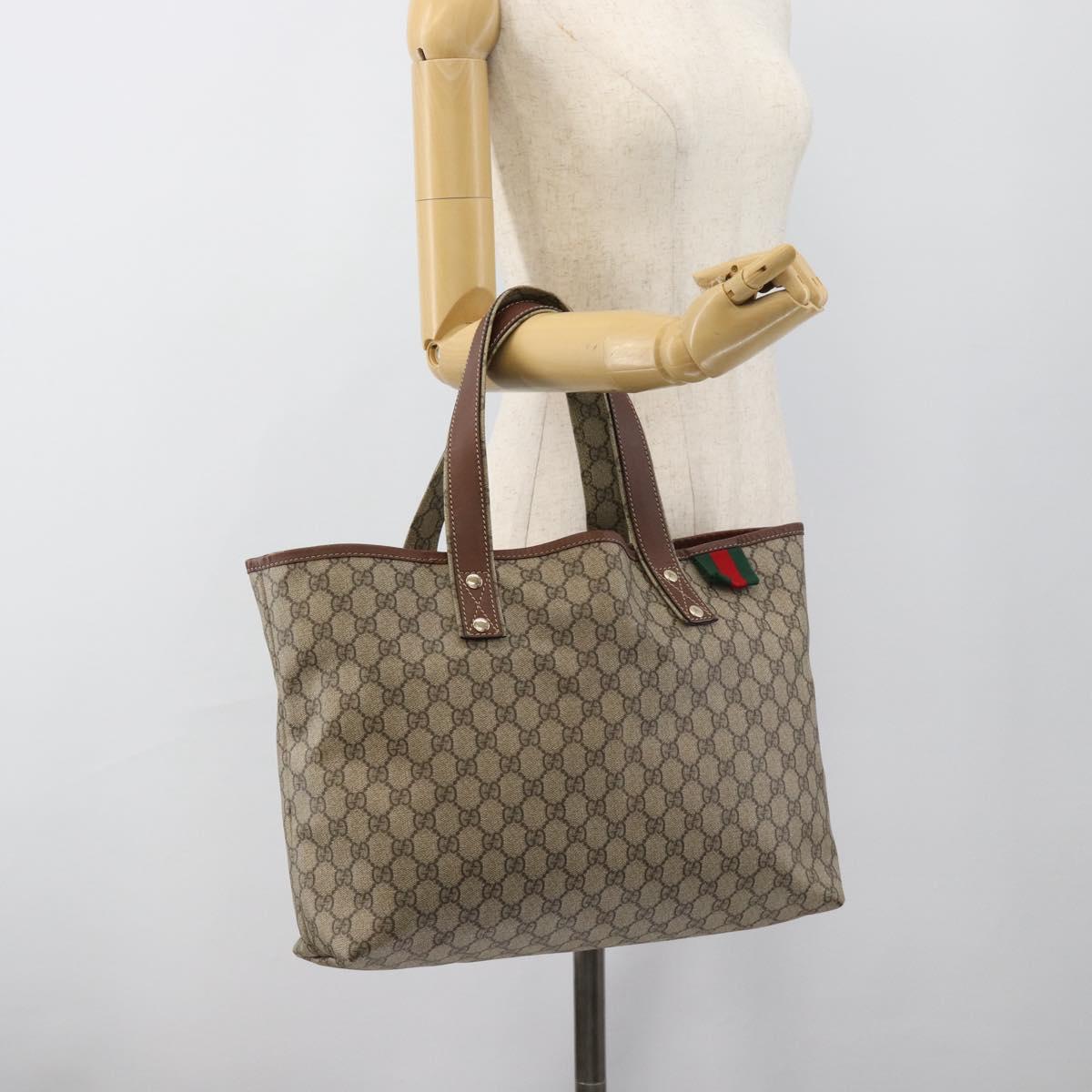 GUCCI GG Supreme Web Sherry Line Tote Bag PVC Beige Gold 211134 Auth 188252A