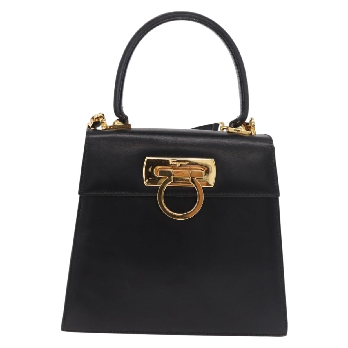 Salvatore Ferragamo Hand Bag Leather 2way Black Gold Auth 188257