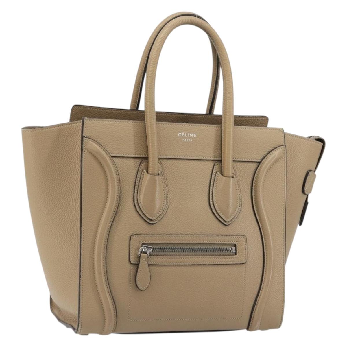 CELINE Luggage Micro Shopper Hand Bag Leather Beige Silver Auth 188265A