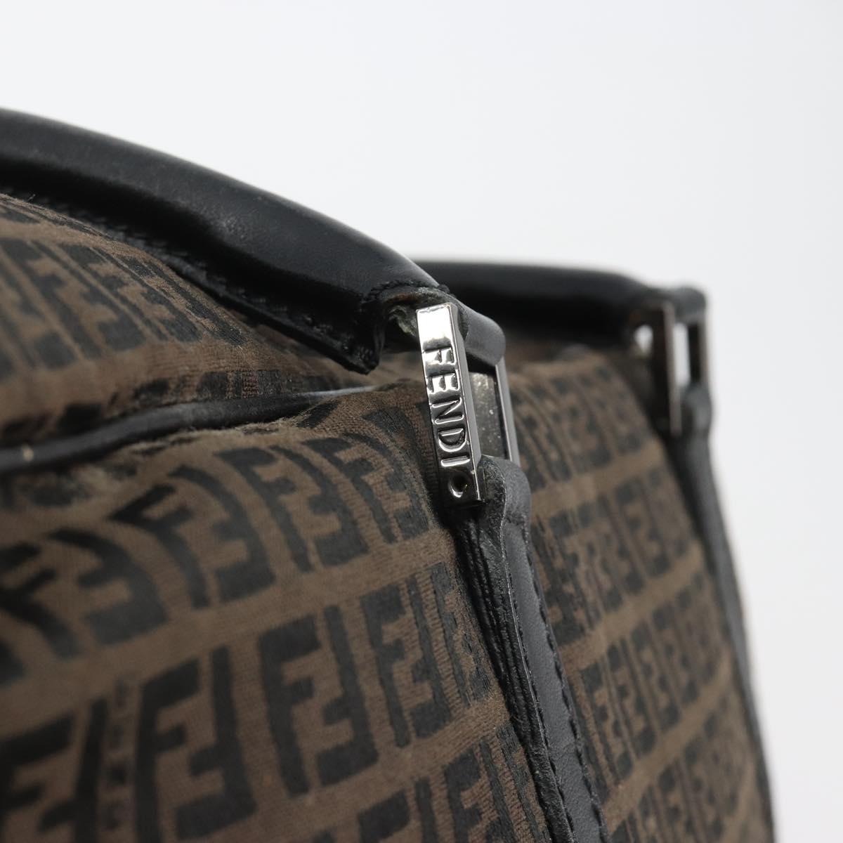 FENDI Zucchino Canvas Boston Bag Dark Brown Silver Auth 188276