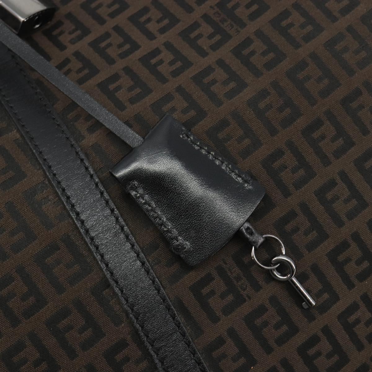 FENDI Zucchino Canvas Boston Bag Dark Brown Silver Auth 188276