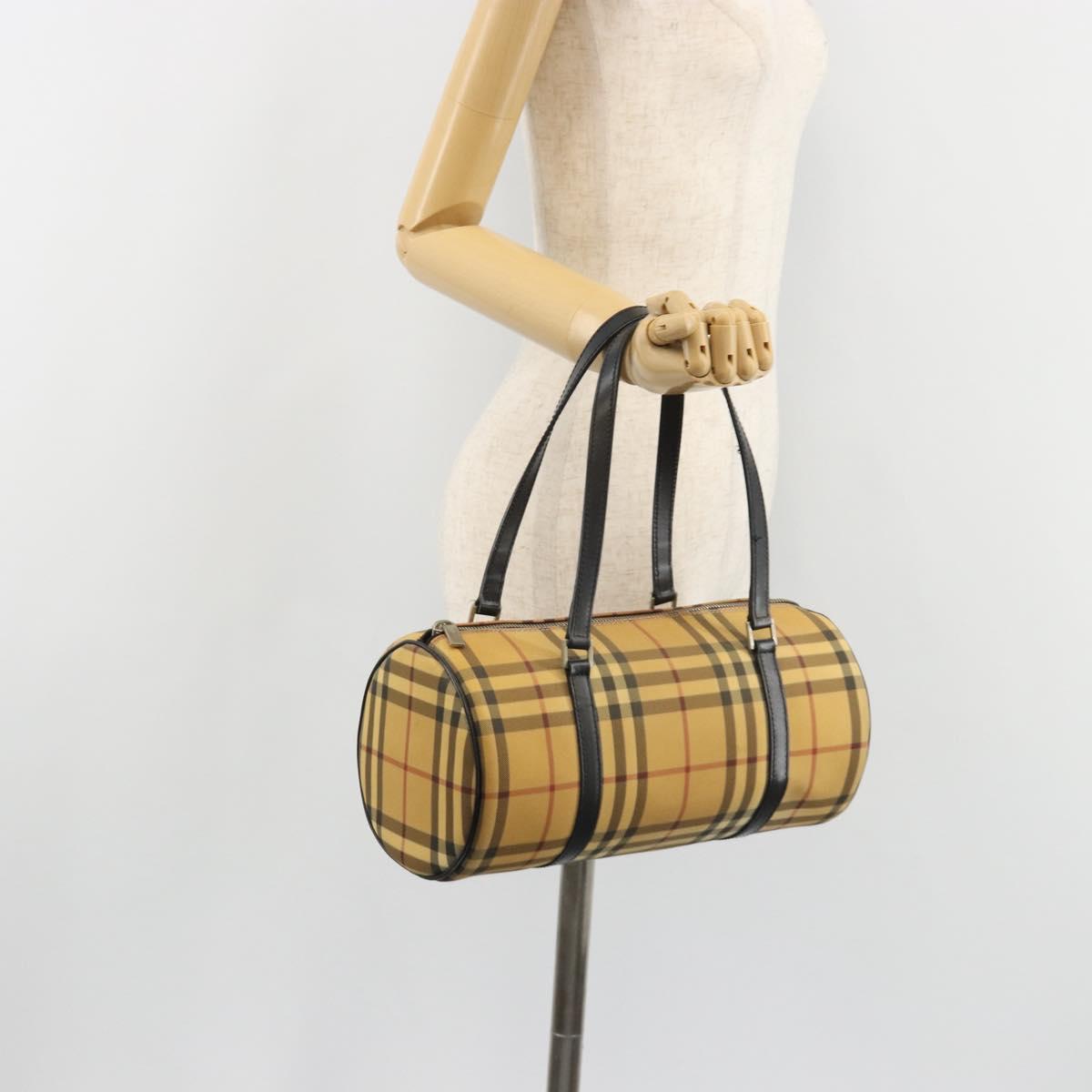 BURBERRY Nova Check Hand Bag PVC Beige Gold Auth 188293