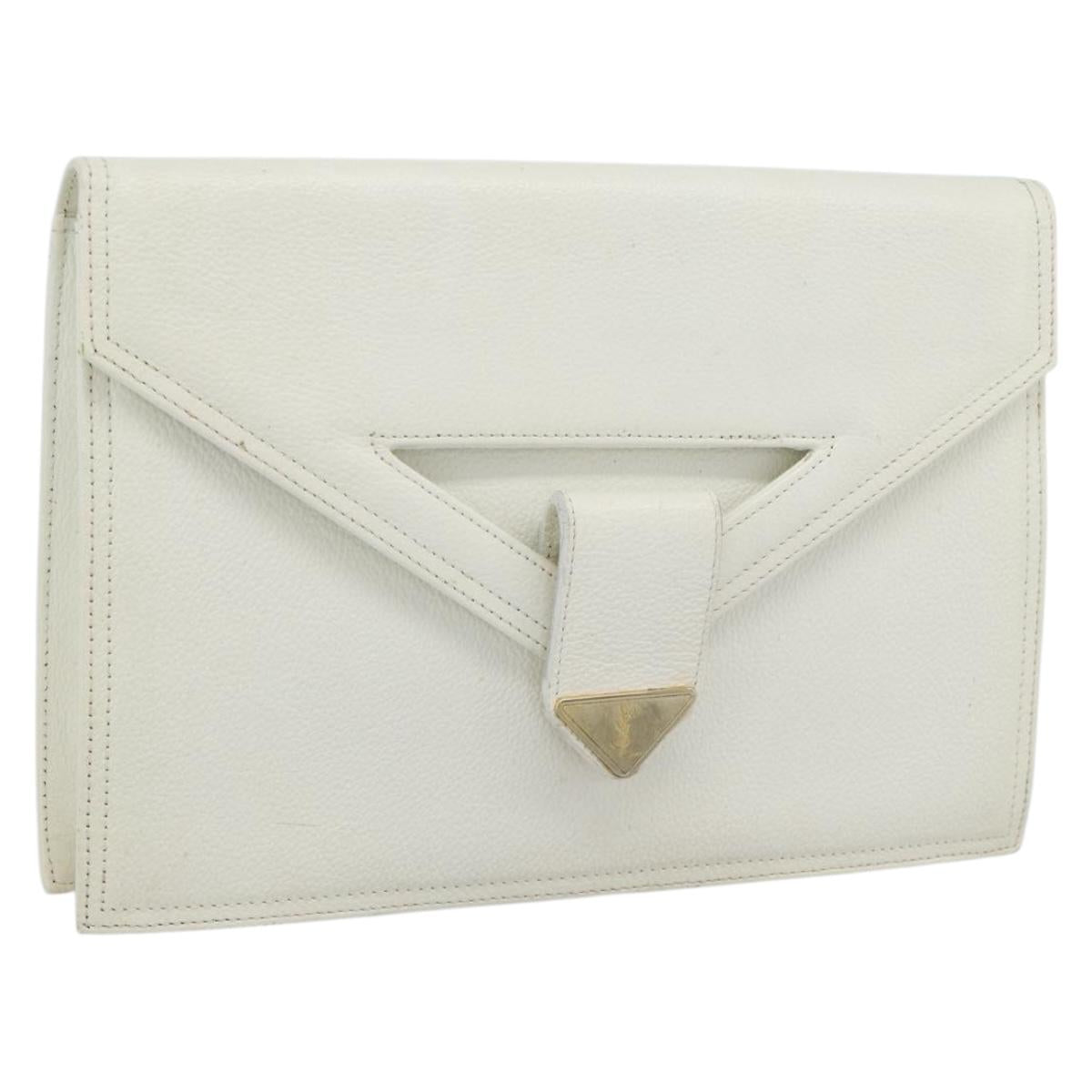 SAINT LAURENT Clutch Bag Leather White Gold Auth 188300