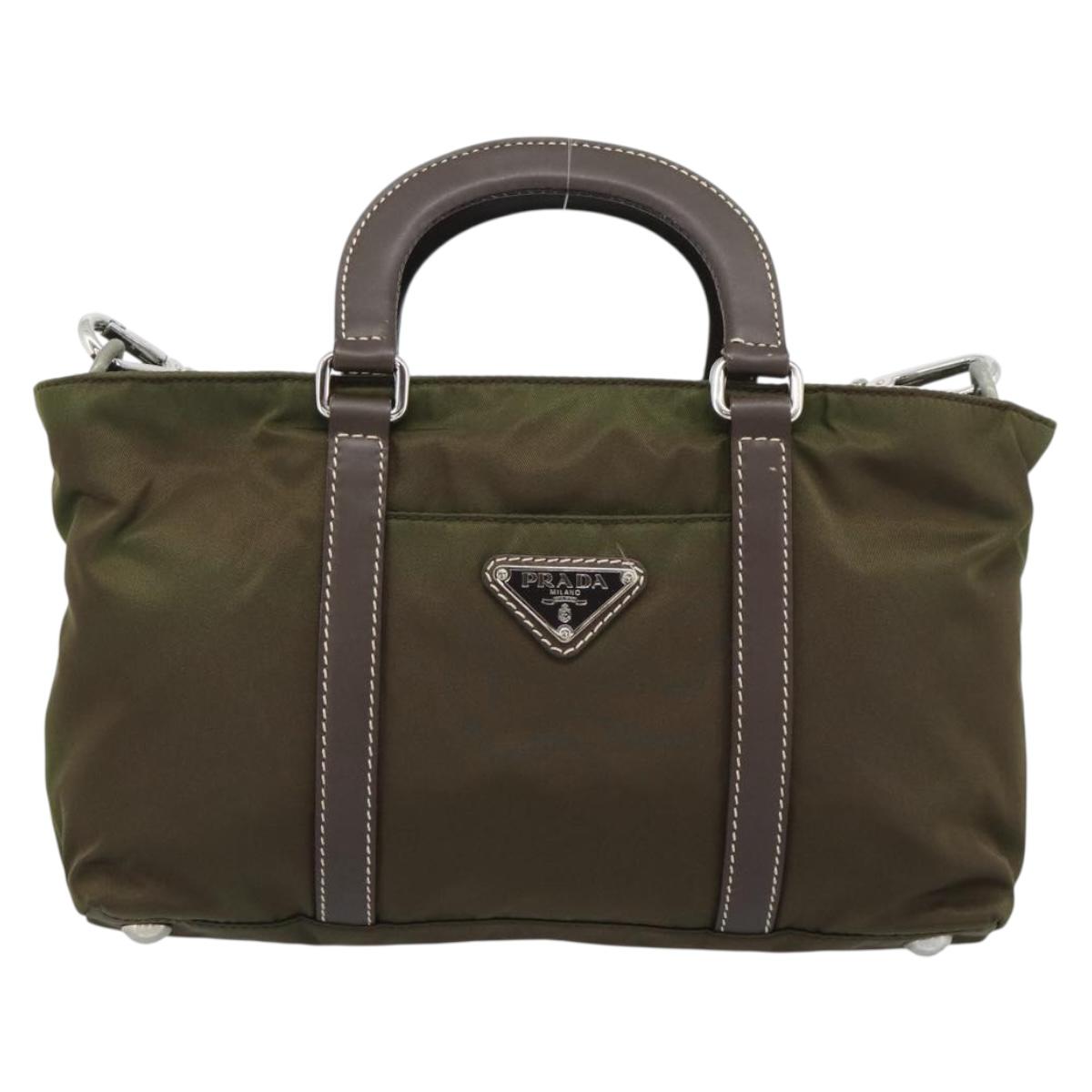 PRADA Hand Bag Nylon 2way Khaki Silver Auth 188309