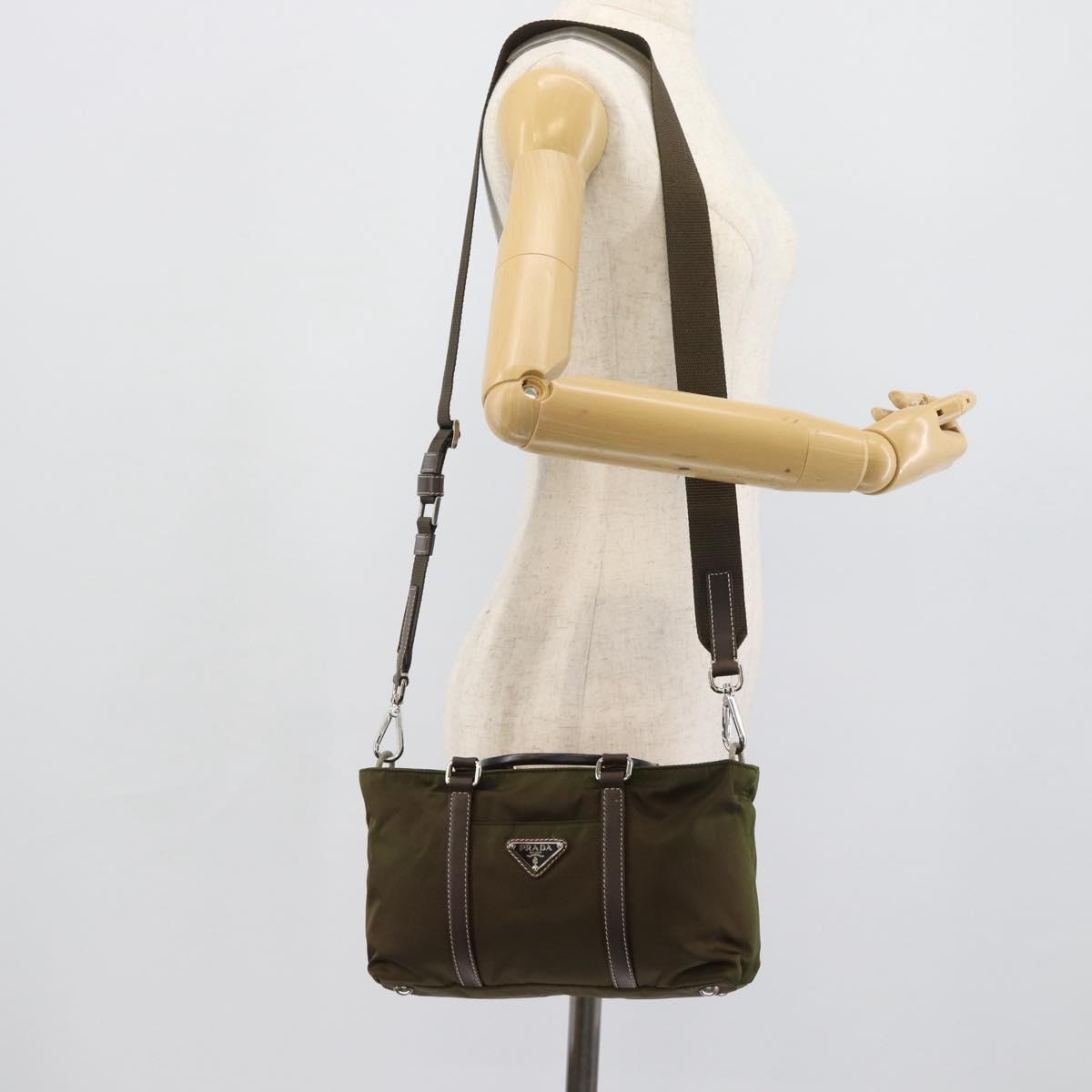 PRADA Hand Bag Nylon 2way Khaki Silver Auth 188309