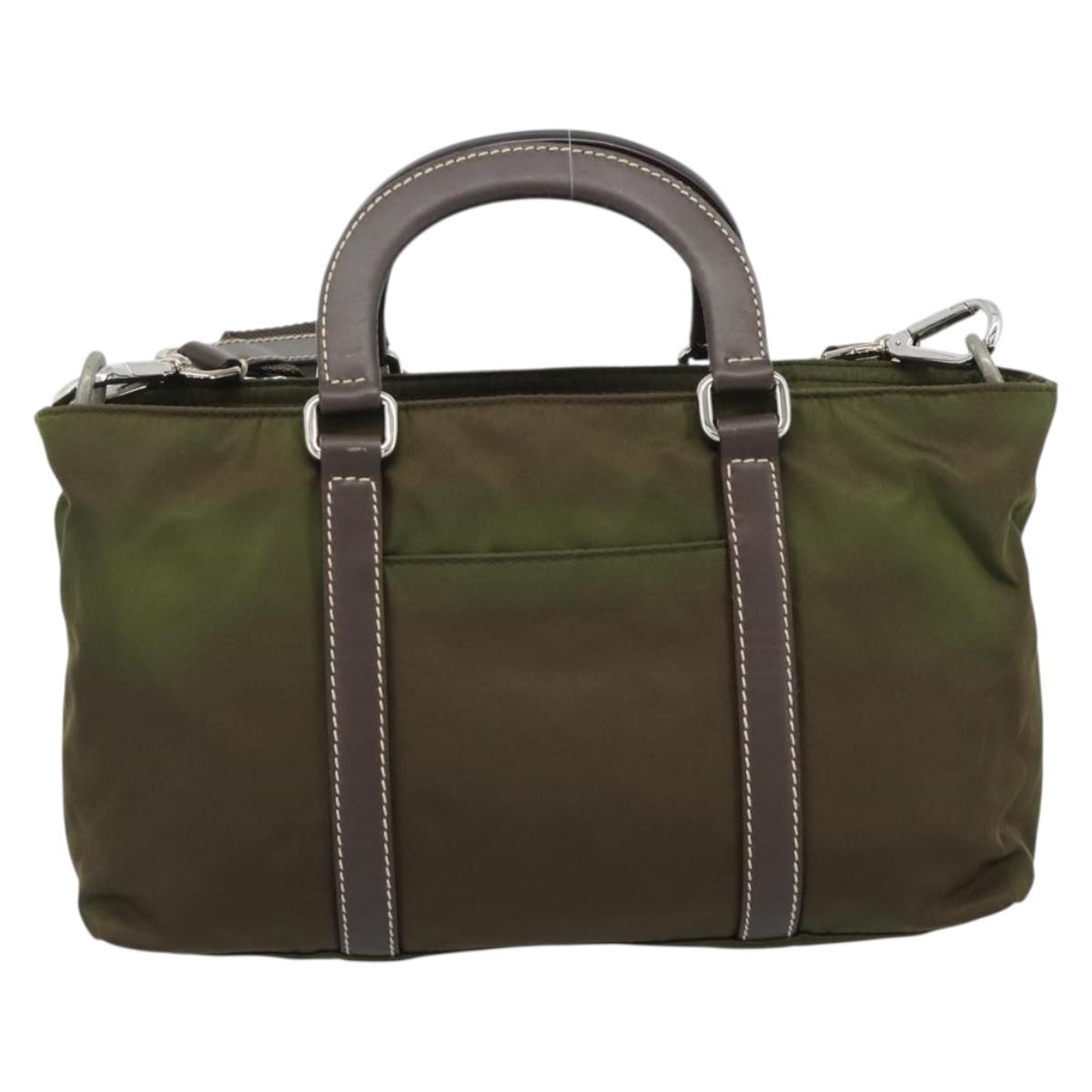 PRADA Hand Bag Nylon 2way Khaki Silver Auth 188309