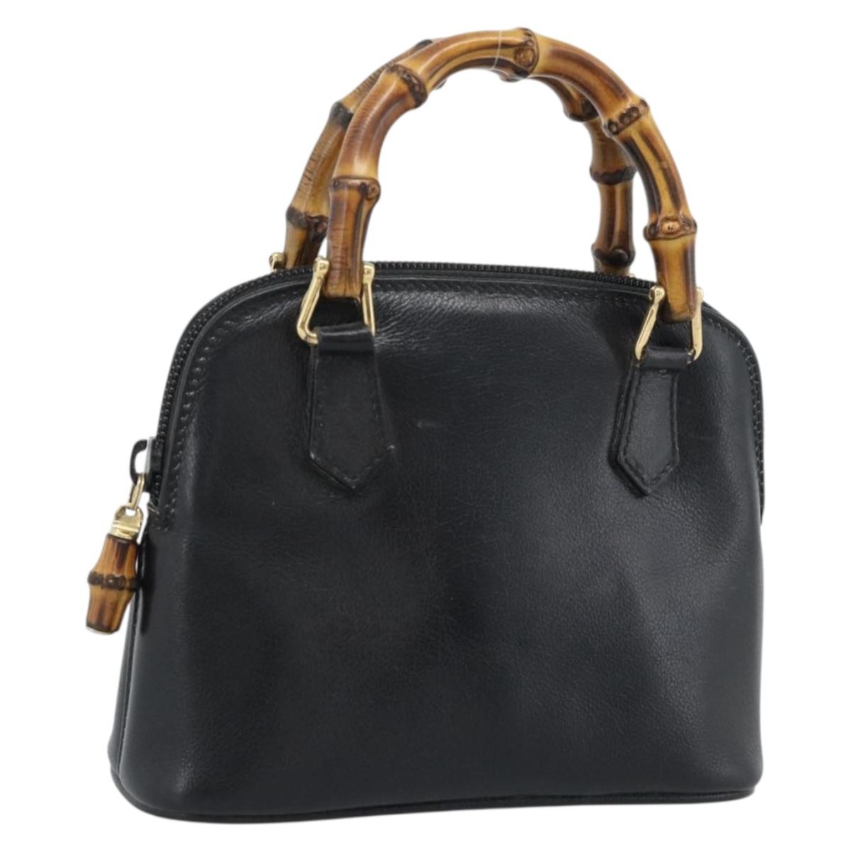 GUCCI Bamboo Hand Bag Leather Black Gold 007 2865 0231 Auth 188314