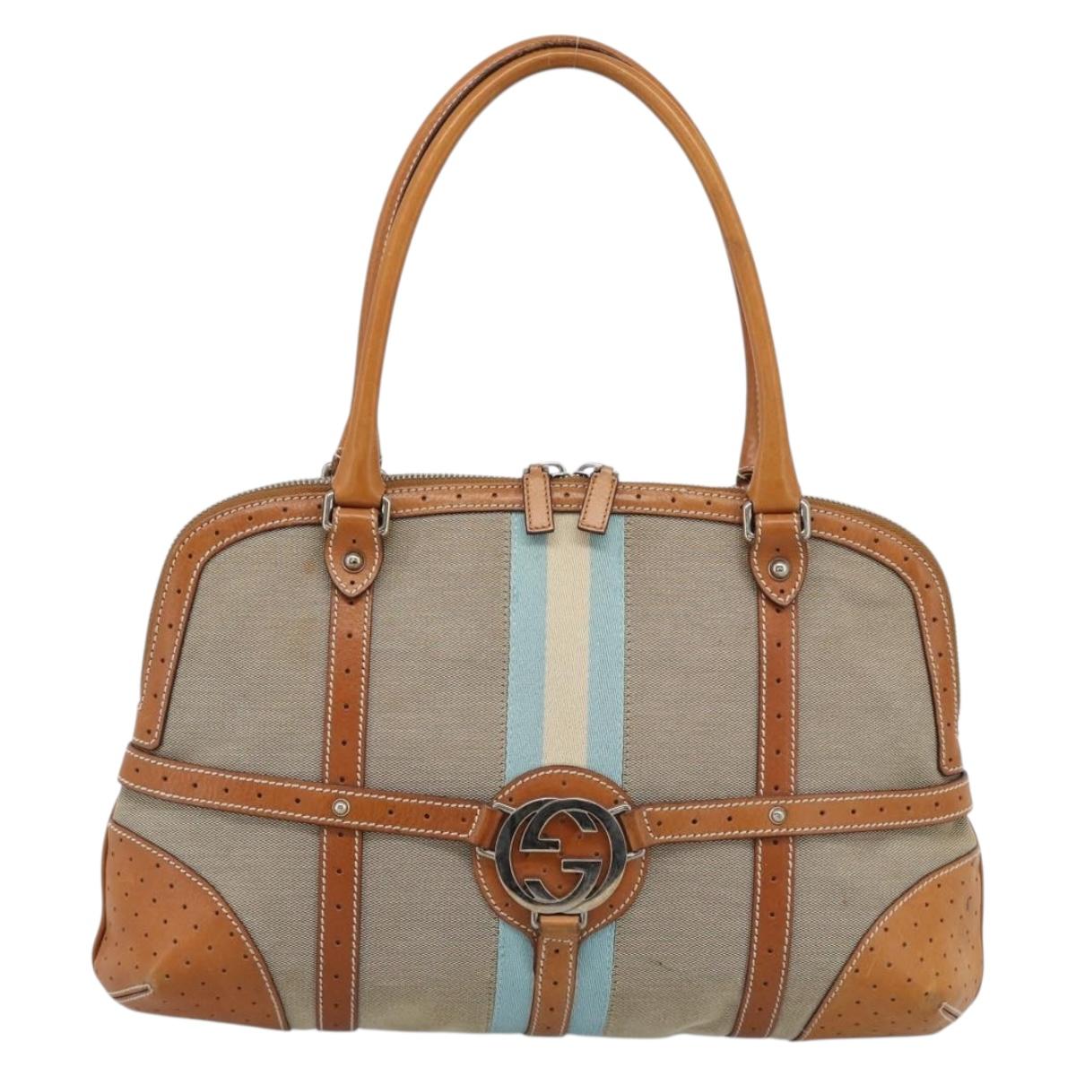 GUCCI Sherry Line Hand Bag Canvas Beige Silver 114887 Auth 188315