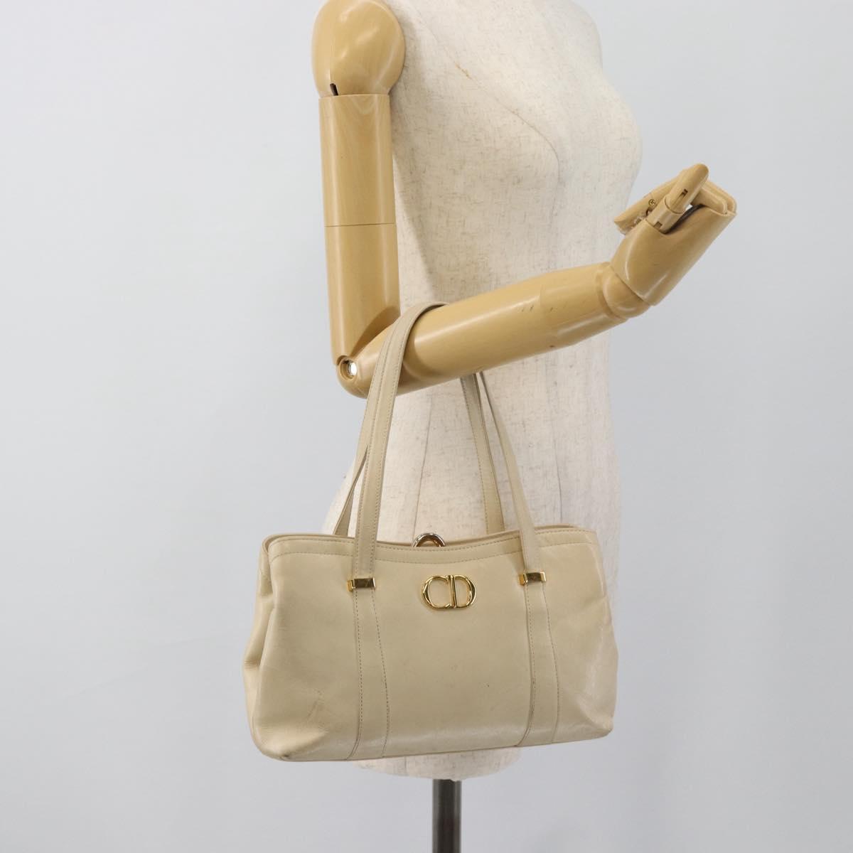 Christian Dior Hand Bag Leather Beige Gold Auth 188329
