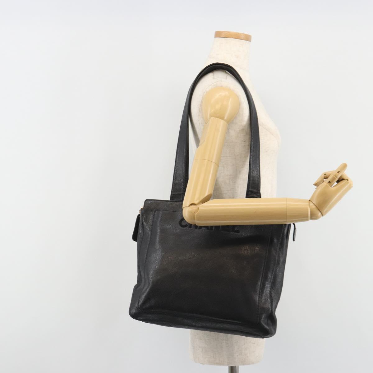 CHANEL Tote Bag Caviar Skin Black Gold CC Auth 188330A