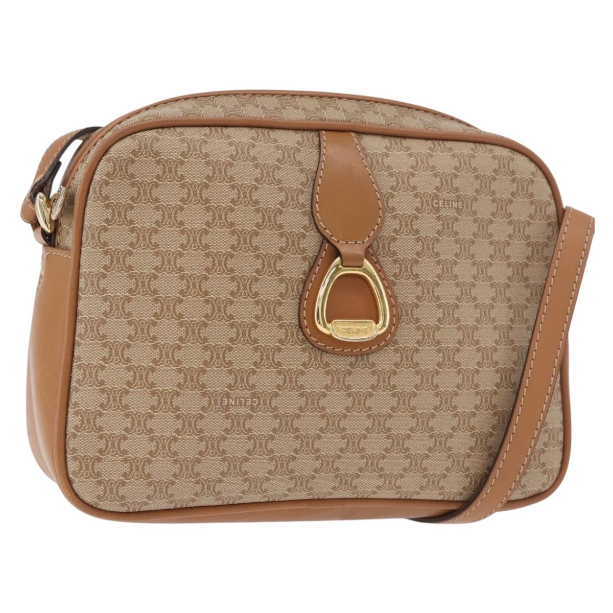 CELINE Macadam Canvas Shoulder Bag PVC Beige Gold Auth 188342A