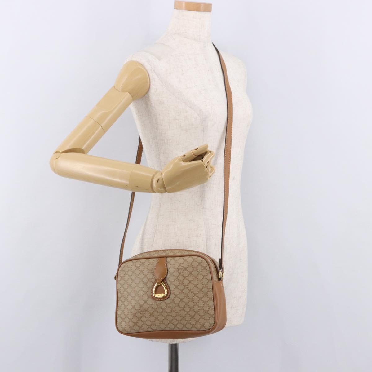 CELINE Macadam Canvas Shoulder Bag PVC Beige Gold Auth 188342A