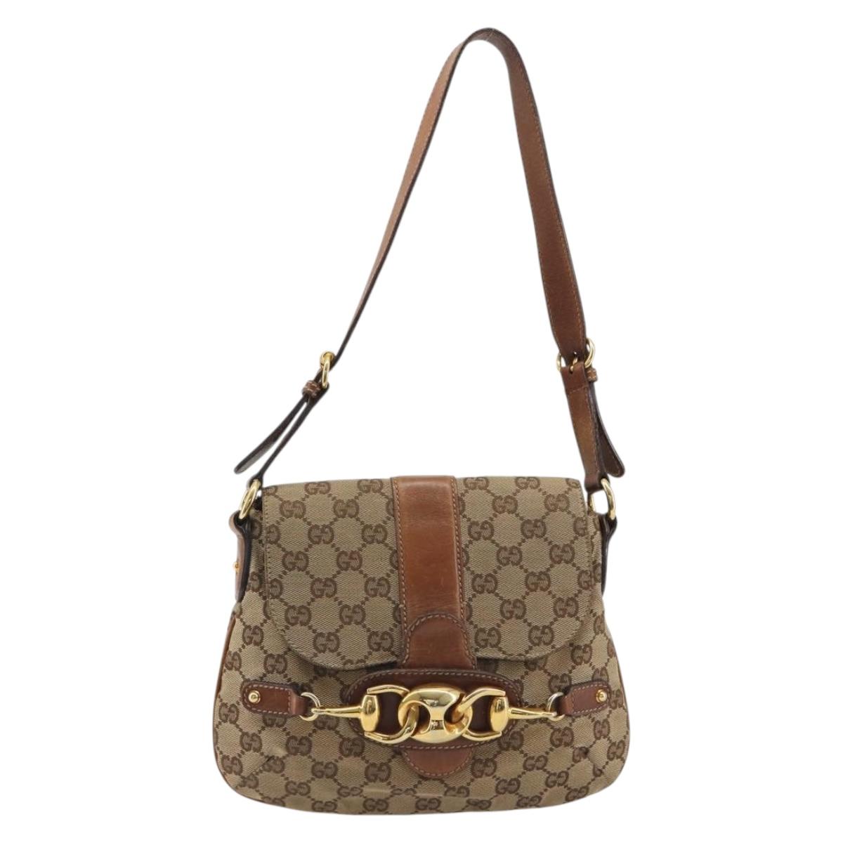 GUCCI Horsebit GG Canvas Shoulder Bag Beige Gold 159301 Auth 188349