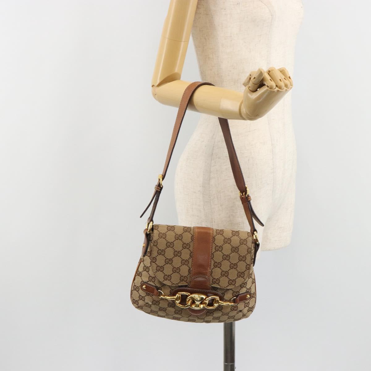 GUCCI Horsebit GG Canvas Shoulder Bag Beige Gold 159301 Auth 188349