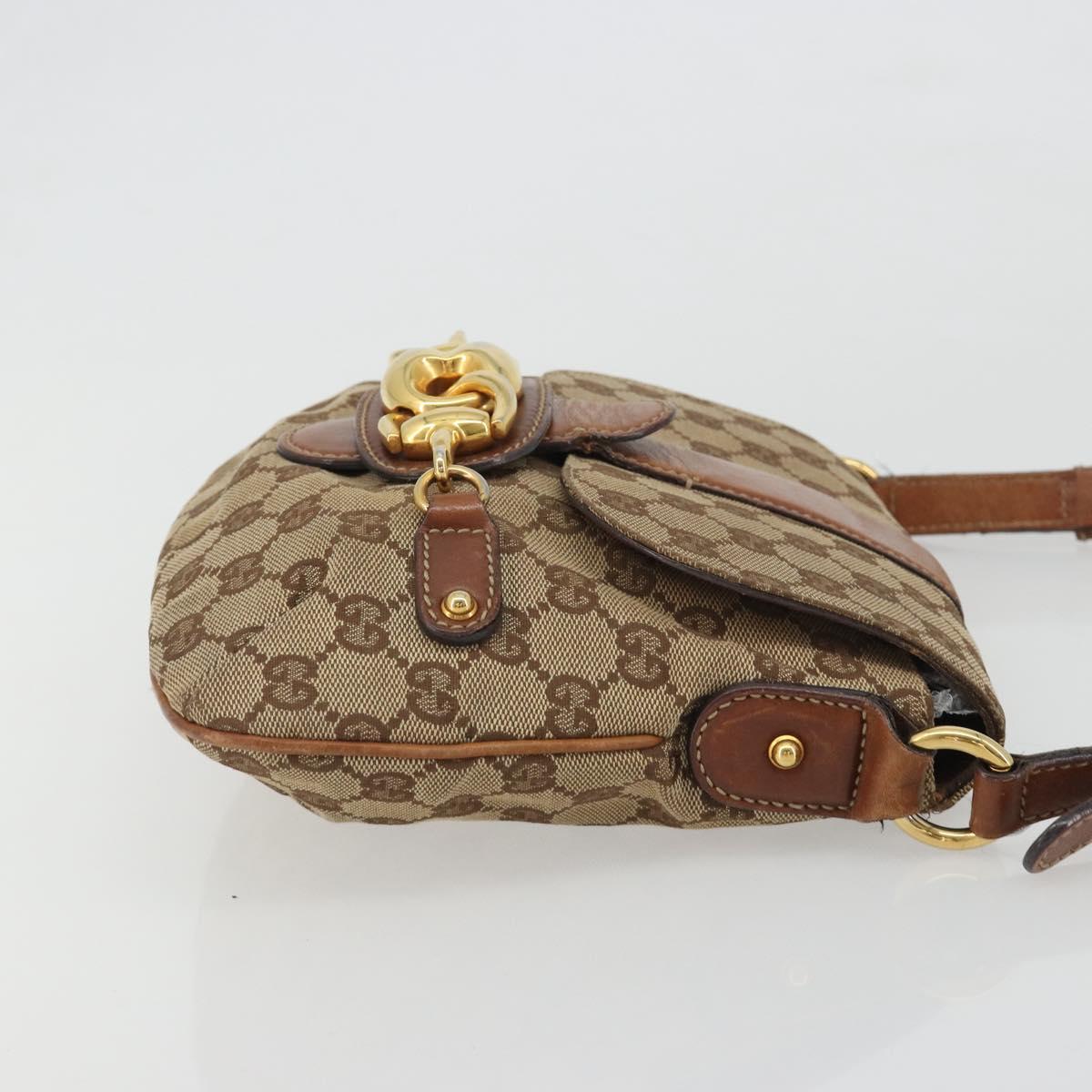 GUCCI Horsebit GG Canvas Shoulder Bag Beige Gold 159301 Auth 188349