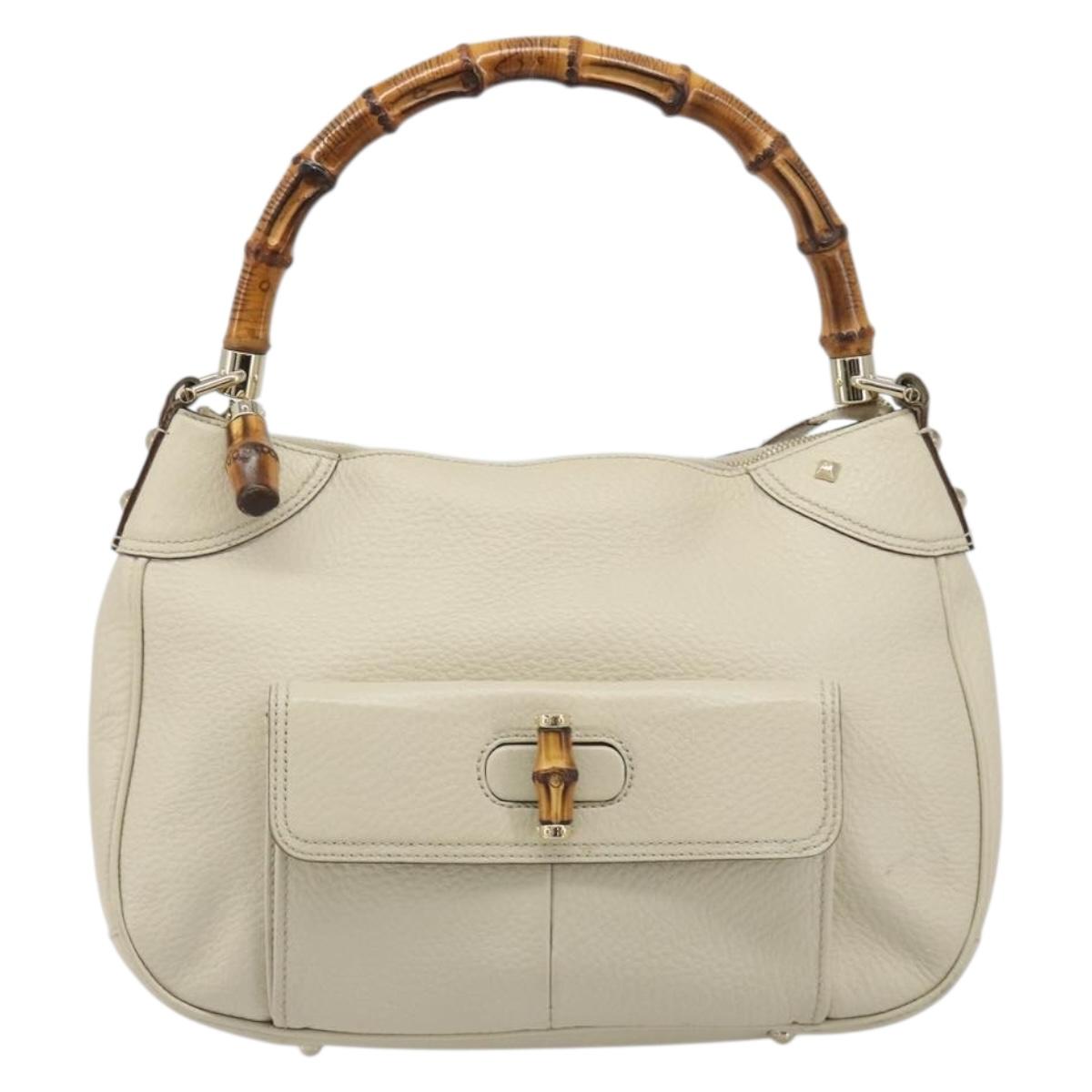 GUCCI Bamboo Hand Bag Leather White Gold 137383 Auth 188350A