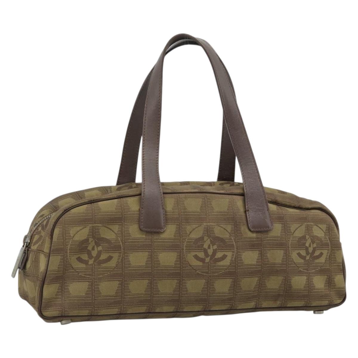 CHANEL New Travel Line Hand Bag Canvas Khaki Silver CC Auth 188351