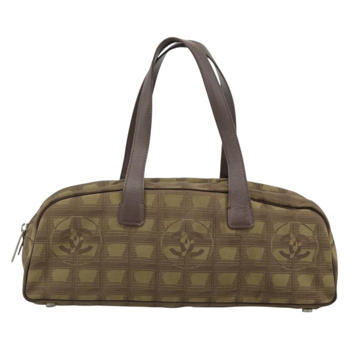 CHANEL New Travel Line Hand Bag Canvas Khaki Silver CC Auth 188351