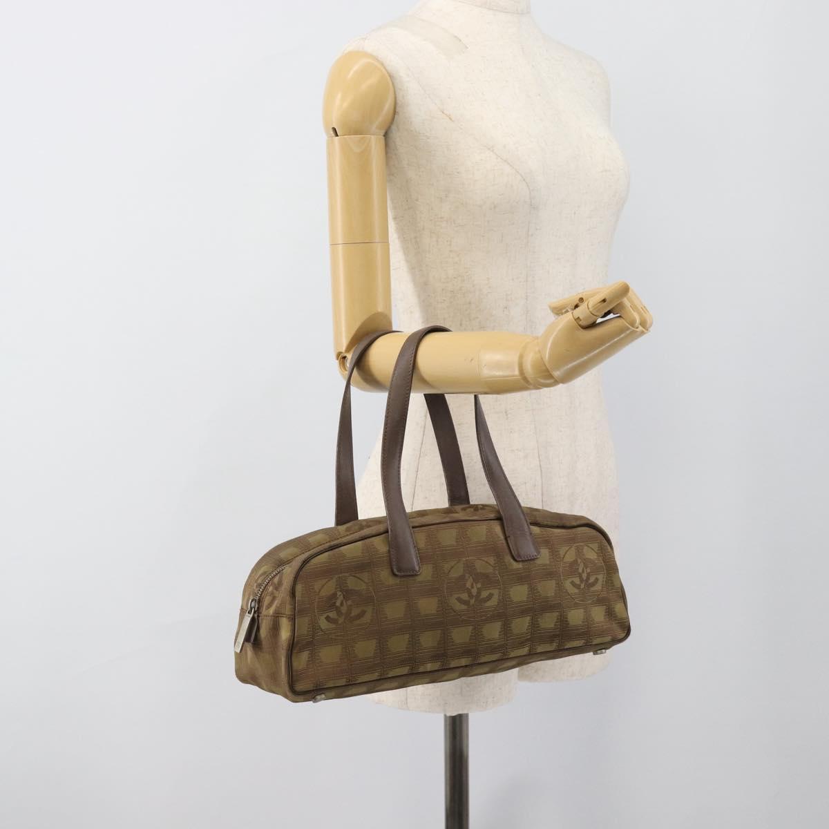 CHANEL New Travel Line Hand Bag Canvas Khaki Silver CC Auth 188351