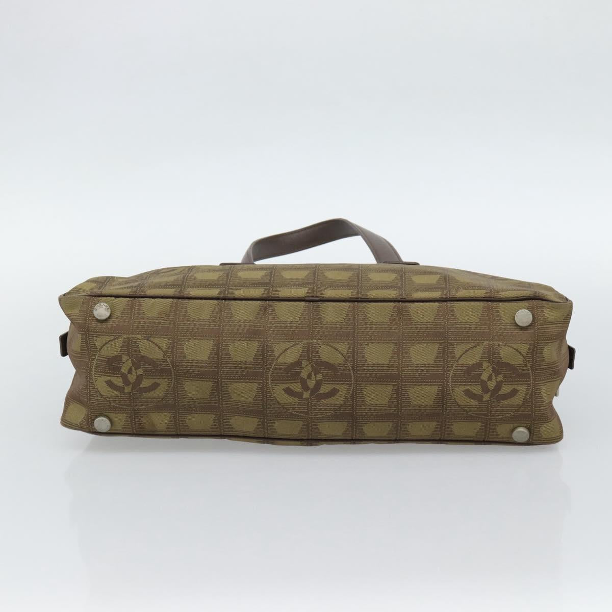 CHANEL New Travel Line Hand Bag Canvas Khaki Silver CC Auth 188351