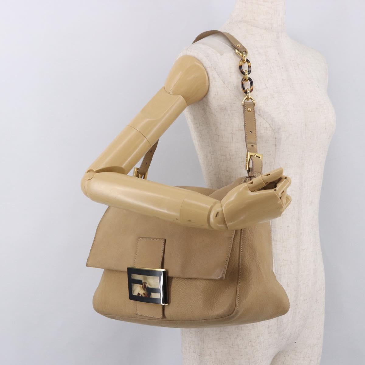 FENDI Big Mamma Baguette Shoulder Bag Leather Beige Gold Auth 188354V