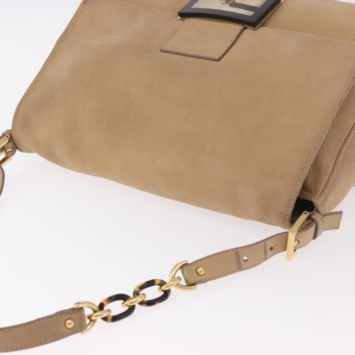 FENDI Big Mamma Baguette Shoulder Bag Leather Beige Gold Auth 188354V