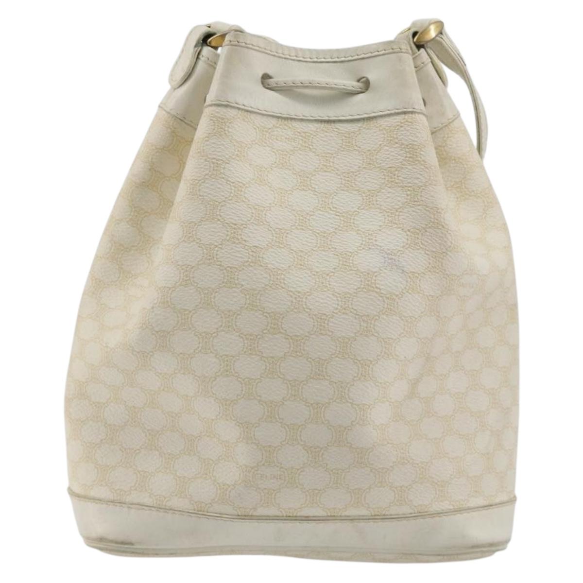 CELINE Macadam Canvas Shoulder Bag PVC Leather White Gold Auth 188363