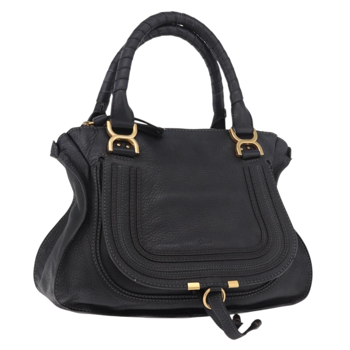 Chloe Marcie Hand Bag Leather Black Gold Auth 188366A