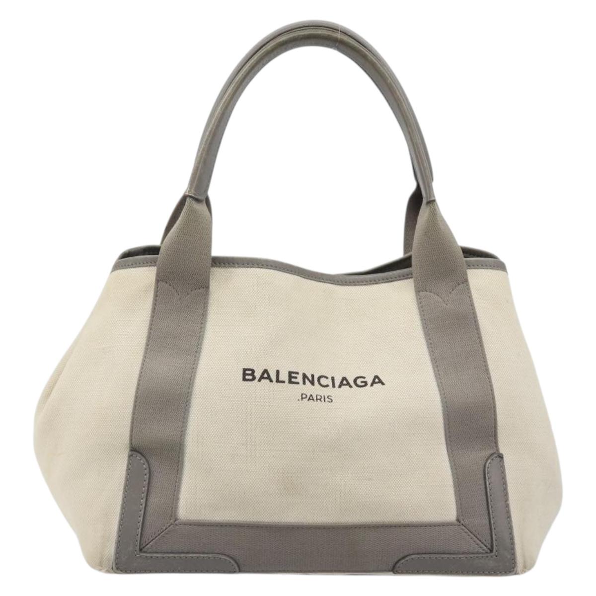 BALENCIAGA Navy Cabas S Tote Bag Canvas Leather White Silver 339933 Auth 188368