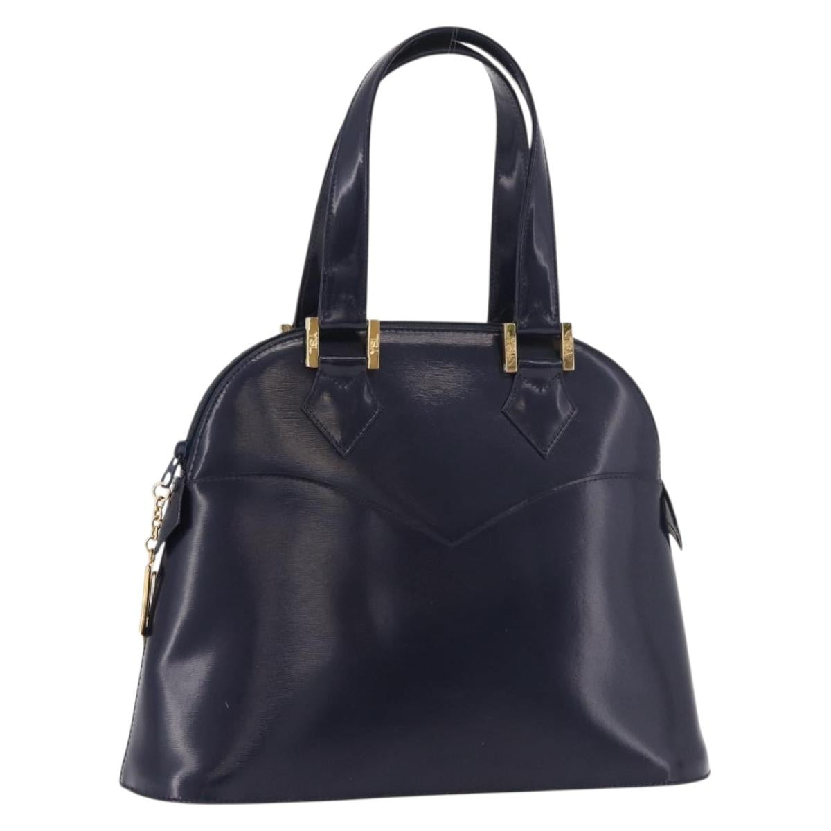 SAINT LAURENT Hand Bag Leather Navy Gold Auth 188373