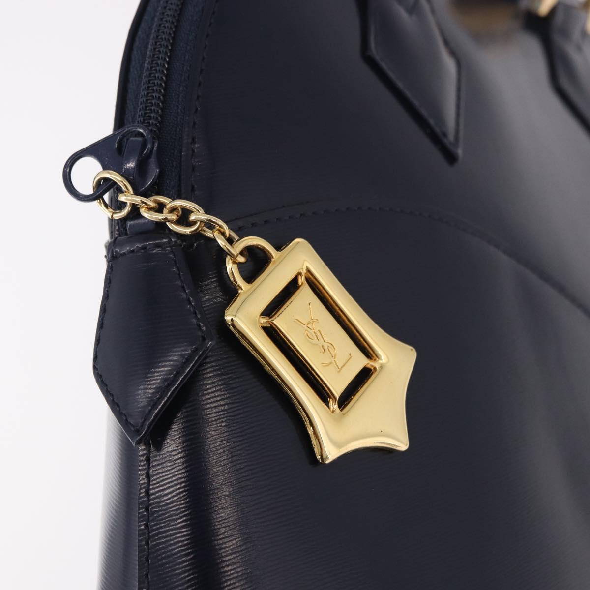 SAINT LAURENT Hand Bag Leather Navy Gold Auth 188373