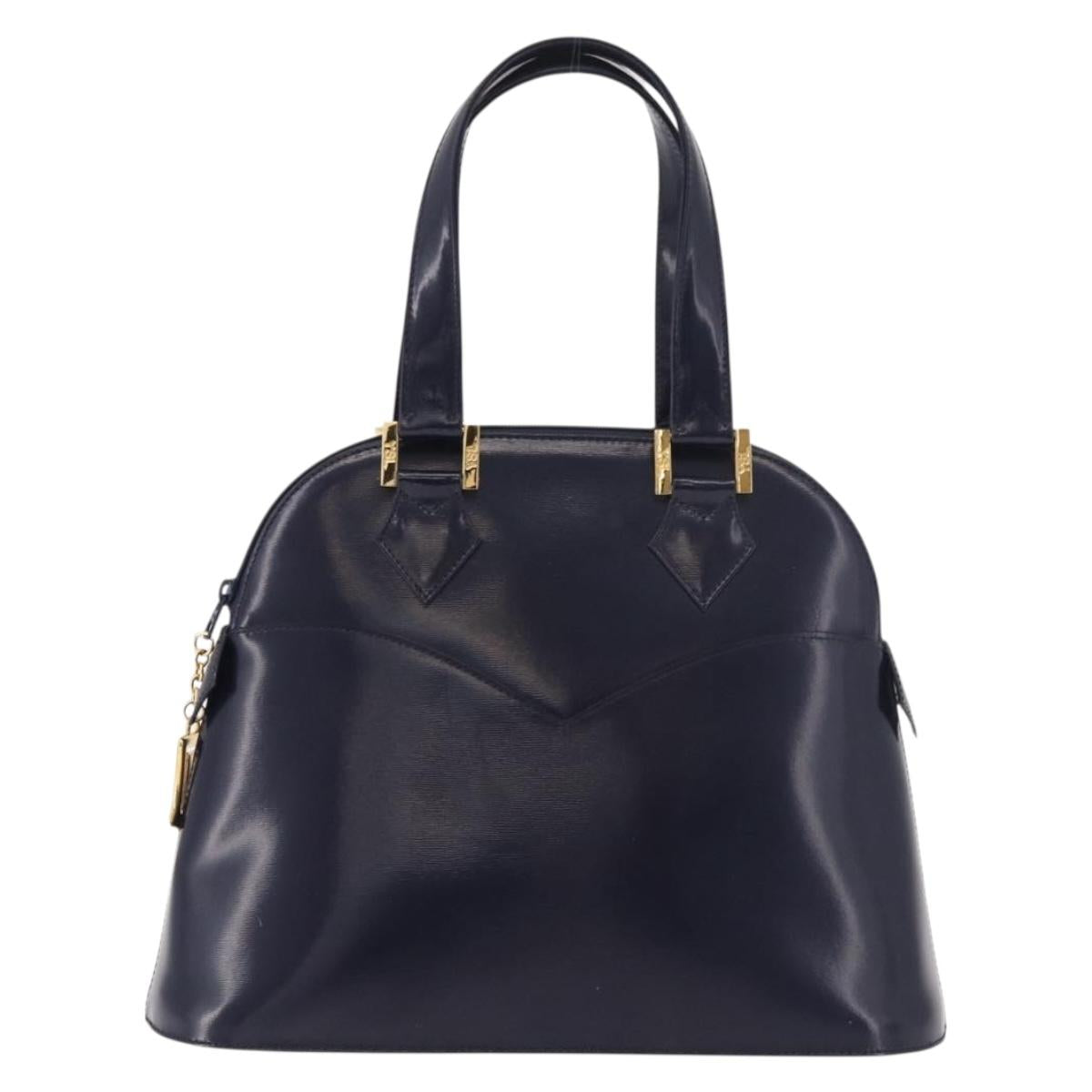 SAINT LAURENT Hand Bag Leather Navy Gold Auth 188373