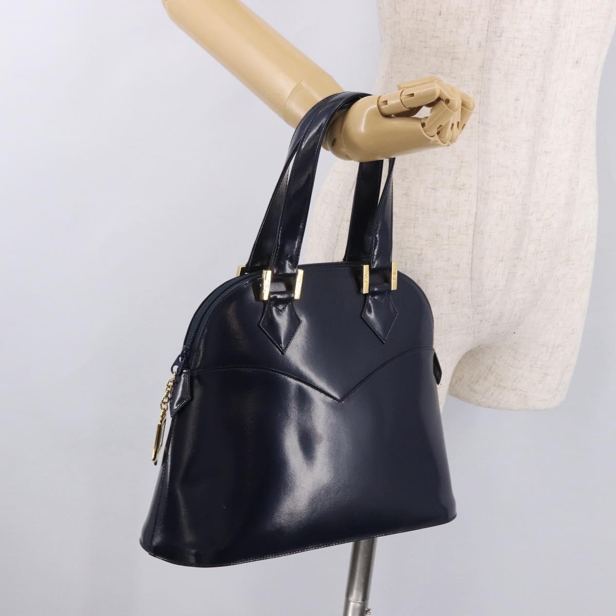 SAINT LAURENT Hand Bag Leather Navy Gold Auth 188373