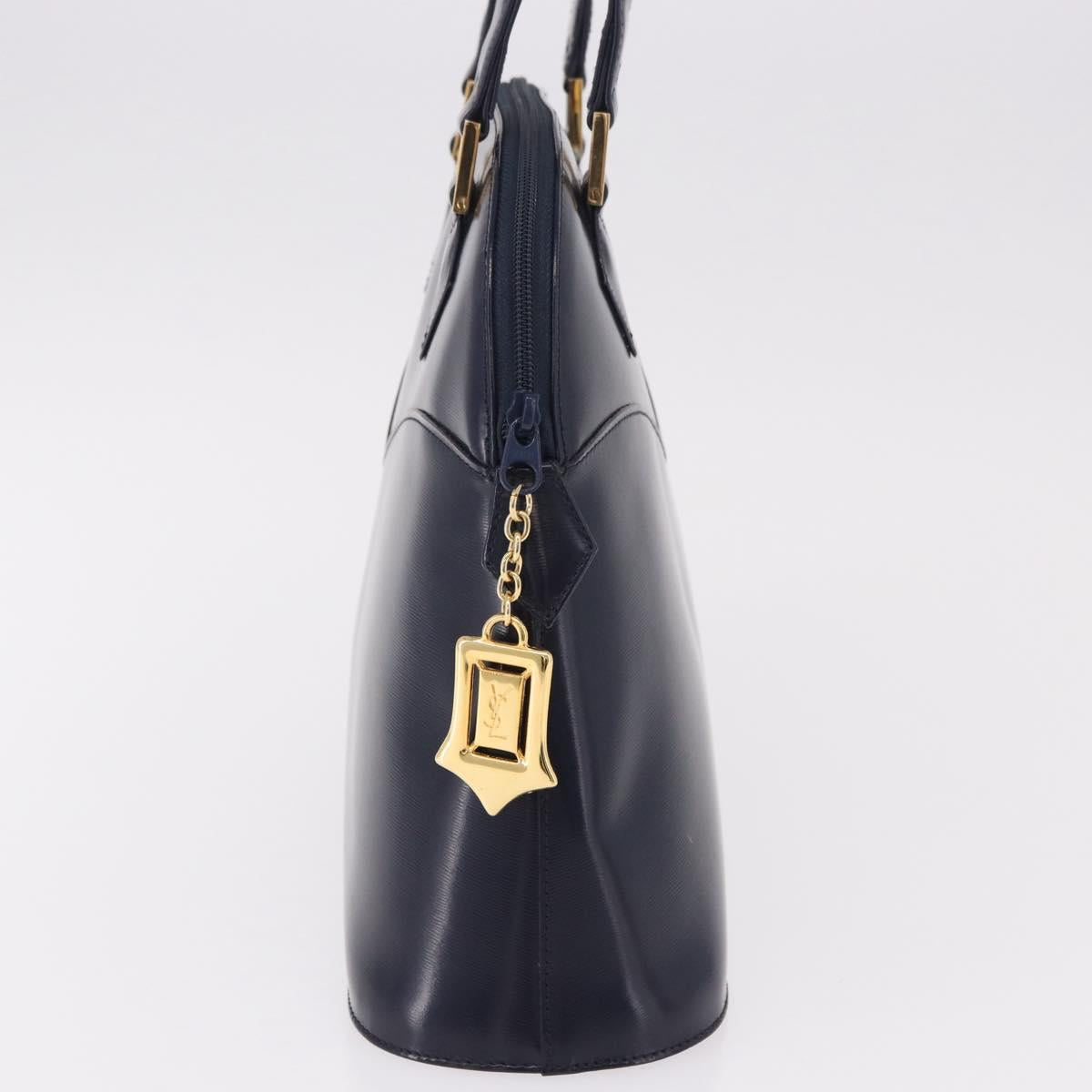 SAINT LAURENT Hand Bag Leather Navy Gold Auth 188373