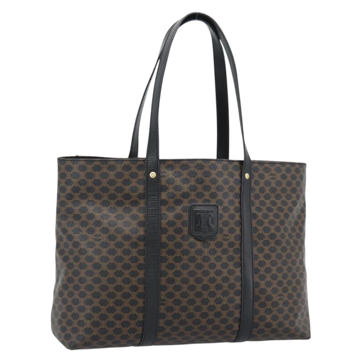 CELINE Macadam Canvas Hand Bag PVC Leather Black Gold Auth 188377A