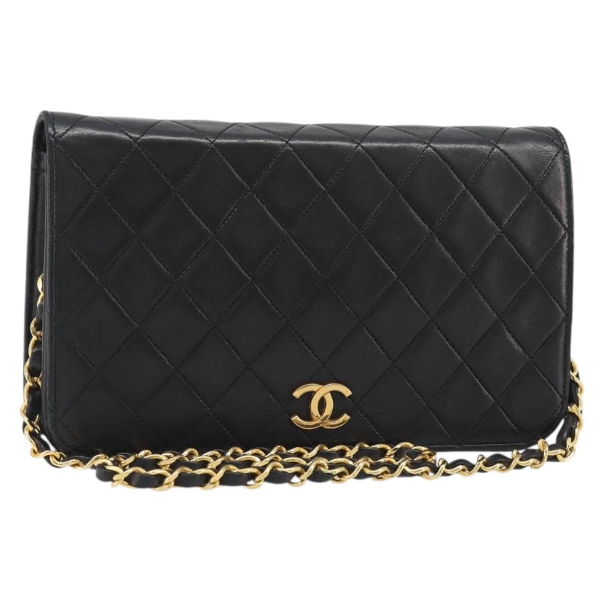 CHANEL Matelasse Chain Shoulder Bag Lamb Skin Black Gold CC Auth 188386A