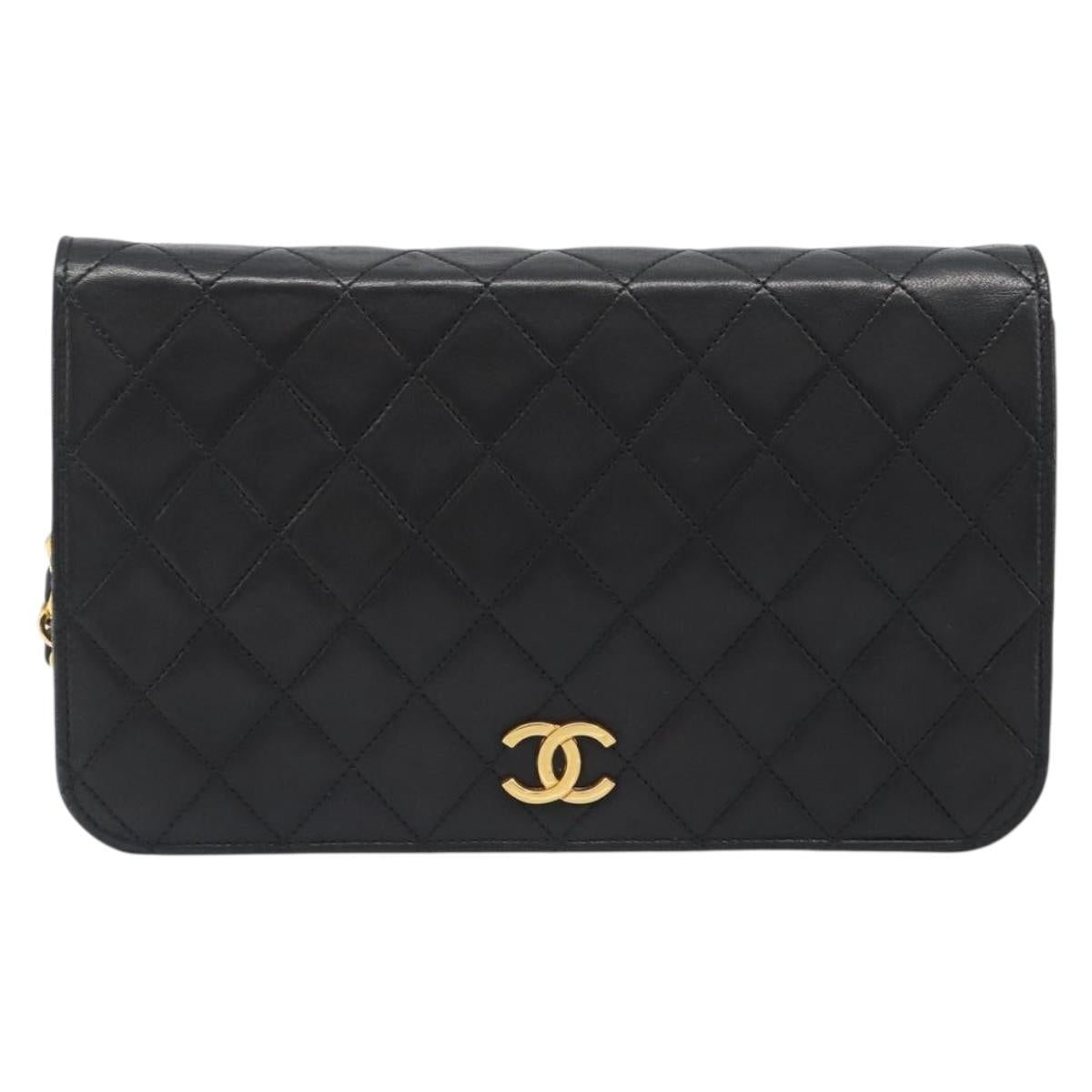 CHANEL Matelasse Chain Shoulder Bag Lamb Skin Black Gold CC Auth 188386A