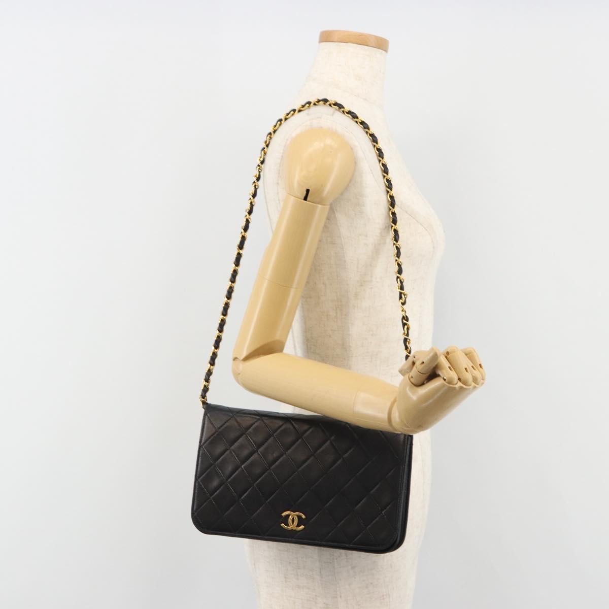 CHANEL Matelasse Chain Shoulder Bag Lamb Skin Black Gold CC Auth 188386A