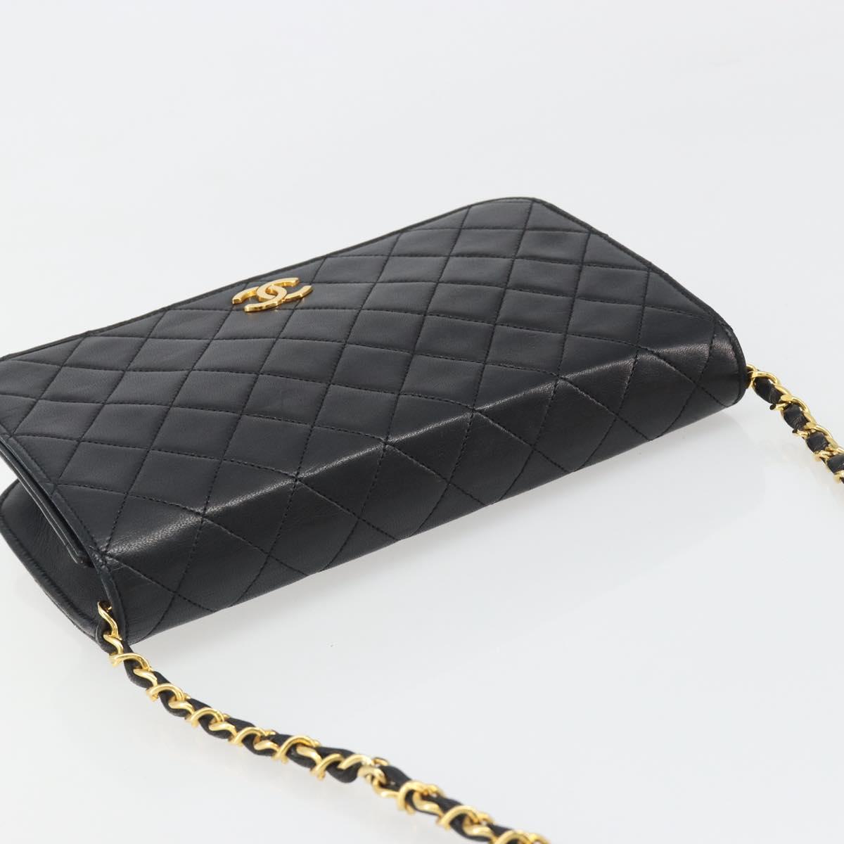 CHANEL Matelasse Chain Shoulder Bag Lamb Skin Black Gold CC Auth 188386A